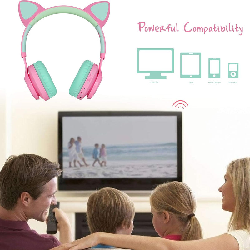 Riwbox CT-7 Cat Ear Kids Bluetooth Headphones, LED Light Up Bluetooth Wireless Over Ear Headphones with Microphone and Volume Control for Travel/School/Smartphones/Laptop/PC/TV (Pink&Green)