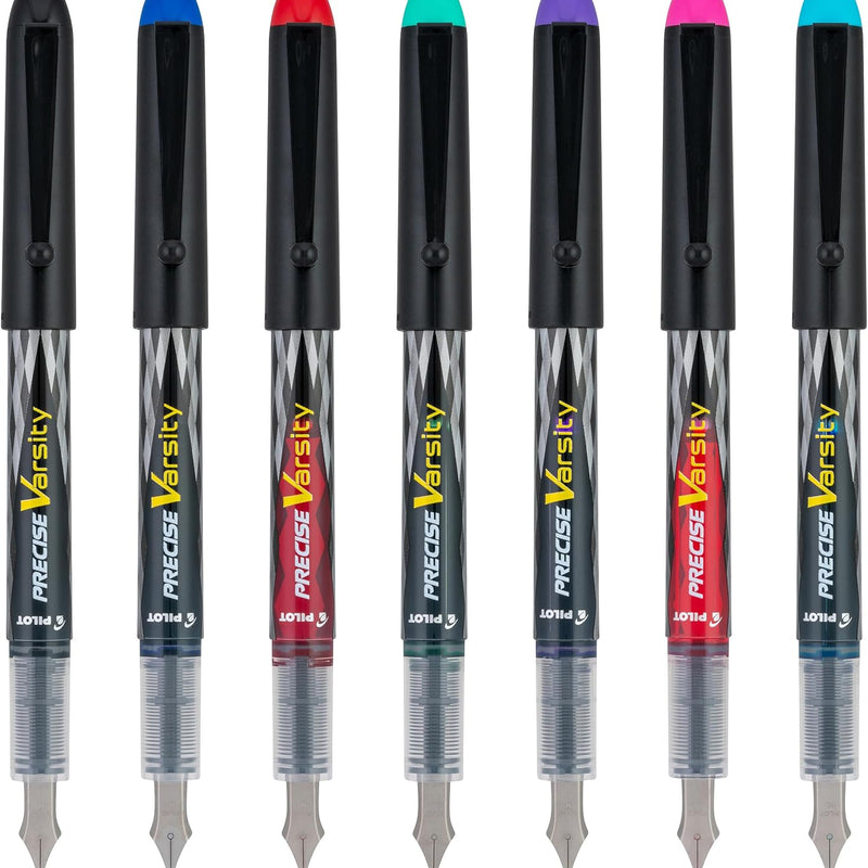 Pilot Precise Varsity Pre-Filled Fountain Pens for Writing, Medium Point Stainless Steel Nib, Black/Blue/Red/Pink/Green/Purple/Turquoise Ink, 1.0mm, 7-Pack