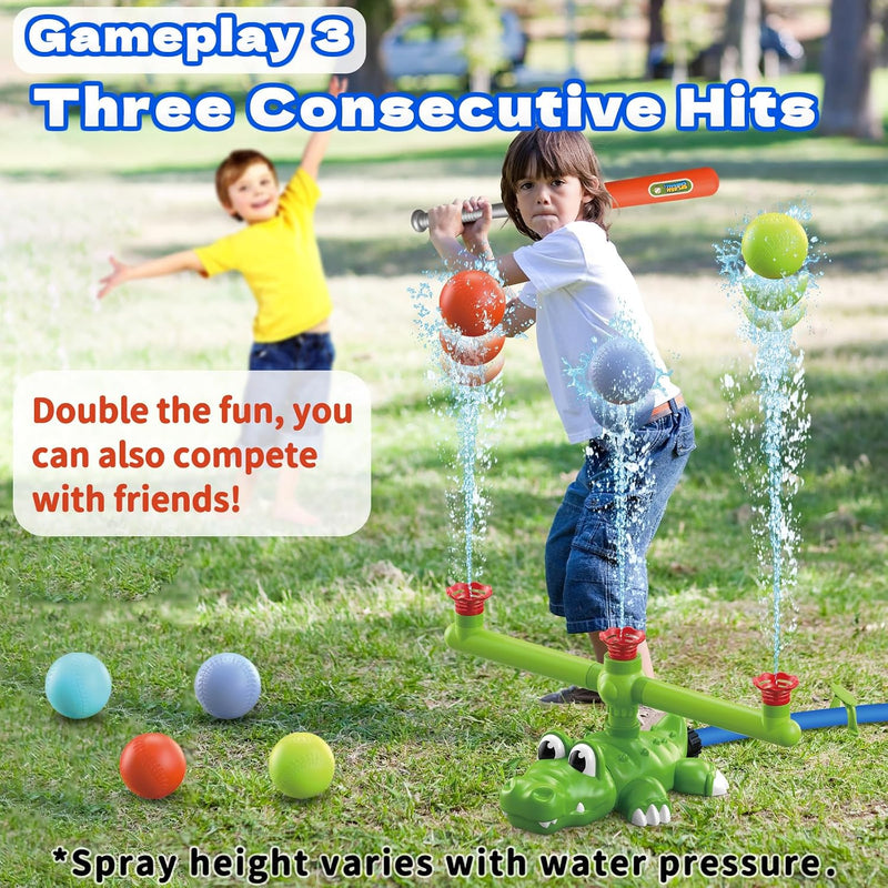 Intoypad 4-in-1 Kids Water Sprinklers T Ball Set & Water Ball Toy, Crocodile Baseball Sprinkler for Backyard Outdoor Summer Toys for Boys Girls Outside Yard Water Game Toys for Kids Toddlers Ages 3-8