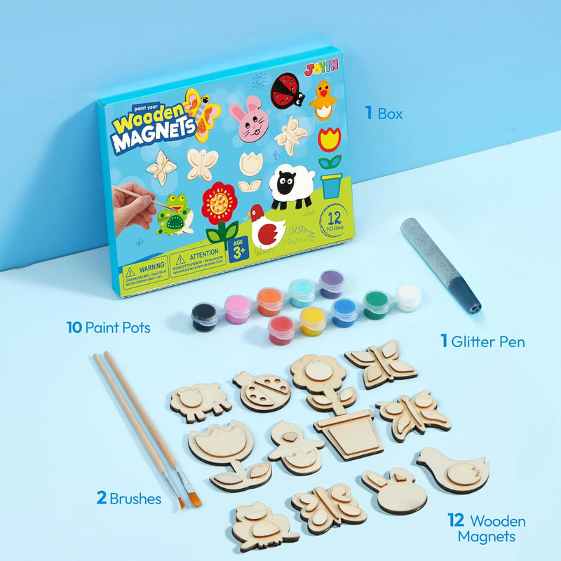 JOYIN 12 Wooden Magnet Creativity Arts & Crafts Painting Kit for Kids, Decorate Your Own Painting Gift for Halloween Crafts, Birthday Parties and Family Crafts, Party Favors for Boys Girls