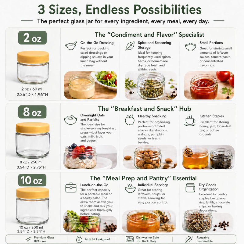 8 oz Small Glass Containers with Lids, Food Storage Jars, 6pk | Perfect for Chia Pudding Jam Snacks Yogurt Overnight Oats Candy ,Dishwasher safe,Airtight