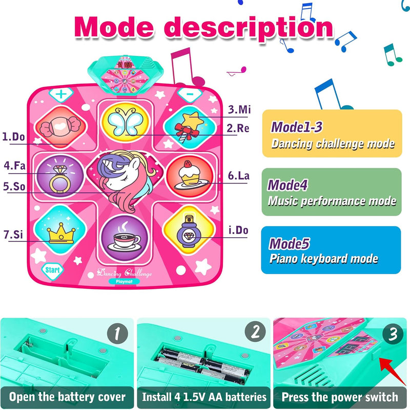 Dance Mat with LED Lights, Adjustable Volume, 5 Game Modes, Portable Music Dance Mat for Kids and Adults