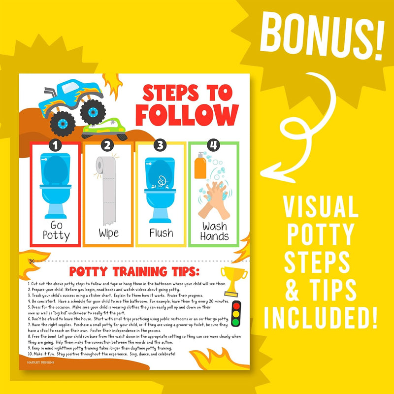 Hadley Designs Potty Training Chart for Toddlers Boys -10 Sticker Potty Chart for Toddlers Boys, 8.5x11" Potty Training Sticker Charts for Toilet Success, Monster Truck Toddler Reward Chart for Kids