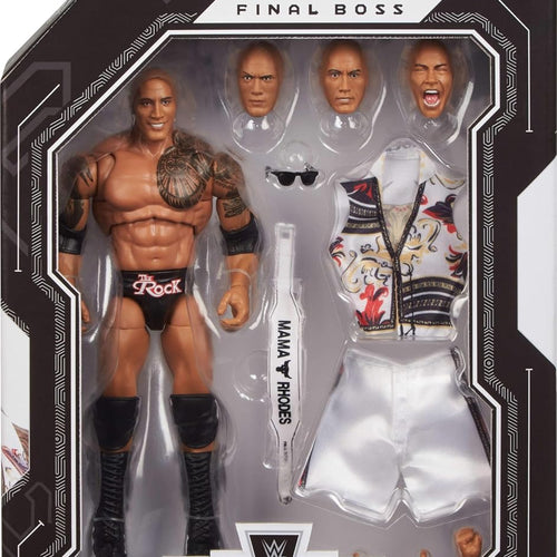 Mattel WWE Ultimate Edition Action Figure & Accessories Set, The Rock Final Boss 6-inch Collectible with Swappable Heads & Hands, 30 Articulation Points