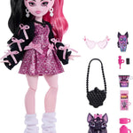 Monster High Doll, Draculaura in Pink Bow Dress and Black Cardigan with Pet Bat Count Fabulous and 7 Accessories Like Ramen, Lipstick and Purse