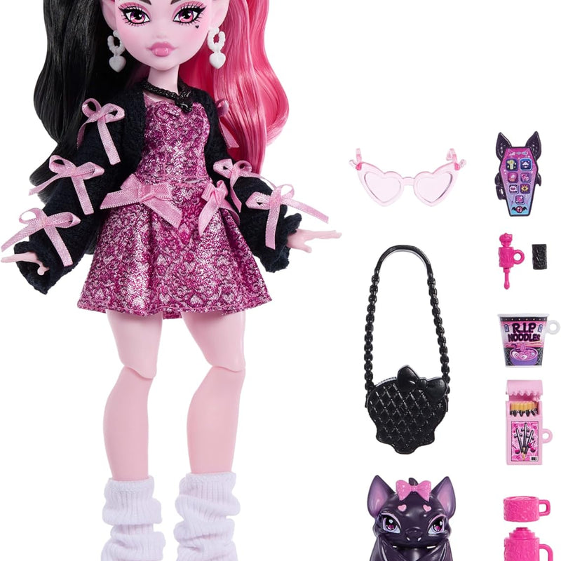 Monster High Doll, Draculaura in Pink Bow Dress and Black Cardigan with Pet Bat Count Fabulous and 7 Accessories Like Ramen, Lipstick and Purse