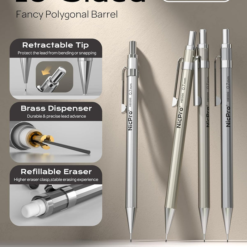 Nicpro 4 Pack Mechanical Pencil 0.7mm with Case, MB1000 Metal Mechanical Pencil Set with 6 Tube HB #2 Lead Refill 0.7 mm, 3PCS 4B Eraser, 9 Cap Eraser for Artist Drafting Writing, Sketching, Drawing