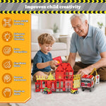 Magnetic Tiles for Kids, 56PCS Construction Magnet Tiles with Fire Truck Station, Building, Road, Crane, Car Truck - STEM Magnetic Blocks for Kids Ages 4-8, Toys for 4 5 Year Old Boys Birthday Gifts