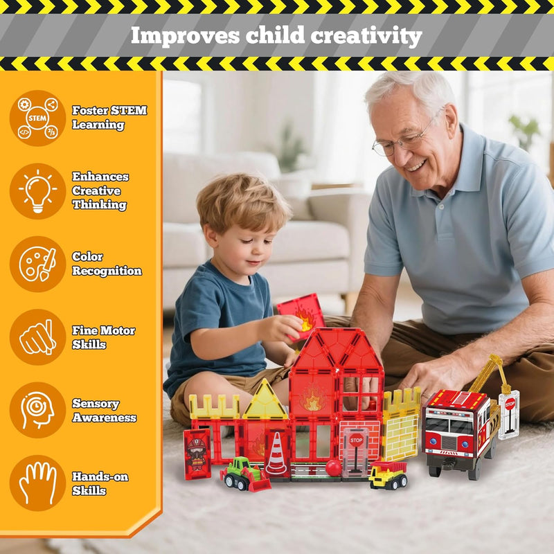 Magnetic Tiles for Kids, 56PCS Construction Magnet Tiles with Fire Truck Station, Building, Road, Crane, Car Truck - STEM Magnetic Blocks for Kids Ages 4-8, Toys for 4 5 Year Old Boys Birthday Gifts