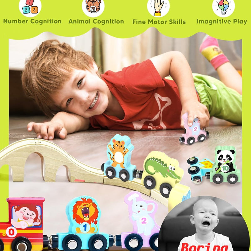 wooden 11 pc magnetic train set for 1-3 years old toddlers, montessori toys, educational sensory gifts, non-toxic wood