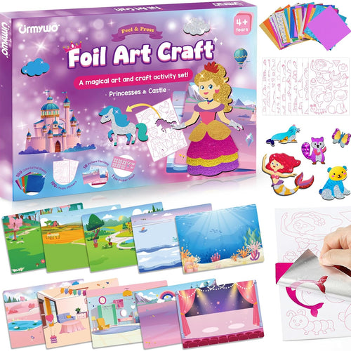 Fun Foil Art Craft Kit for Kids Ages 4-8, DIY Princess Sticker & Coloring | Create 10 shimmering princess scenes with peel-and-press foil, stickers and coloring pages; no glue, paint or scissors