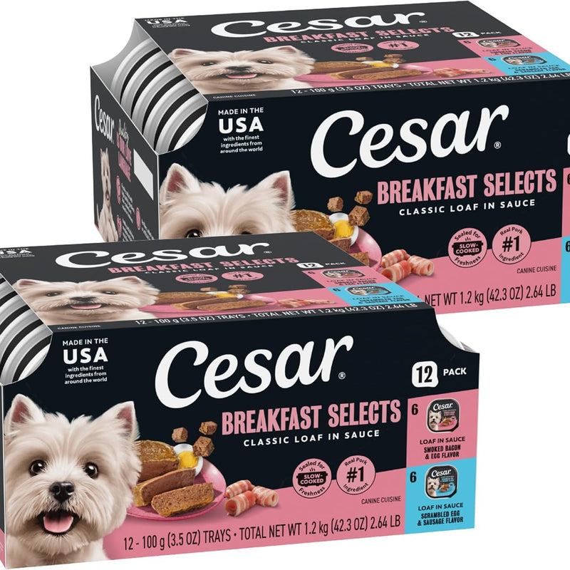 Cesar Classic Loaf Wet Dog Food, Breakfast Selects, 3.5 oz, 12 Count, 2-pk | Made in USA, Bacon & Egg & Egg & Sausage flavors, real pork #1 ingredient, no fillers or artificial flavors, easy peel trays