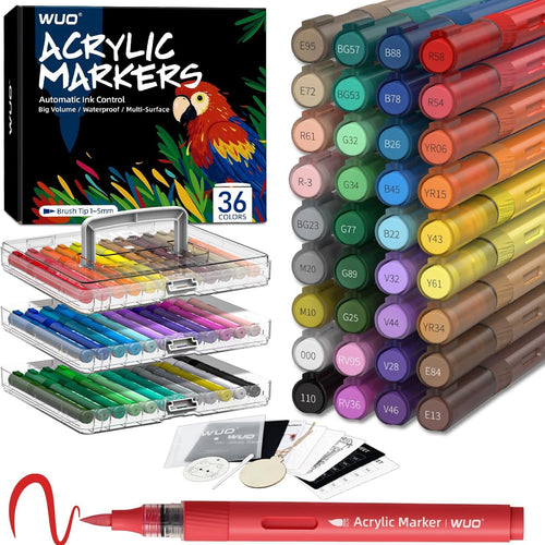 WUO 36 Colors Acrylic Paint Markers, Acrylic Paint Pens and Acrylic Markers with Brush Tip, Automatic Ink Control No-Bleed Paint Markers for Rock, Wood, Canvas, Glass, Ceramic, Fabric