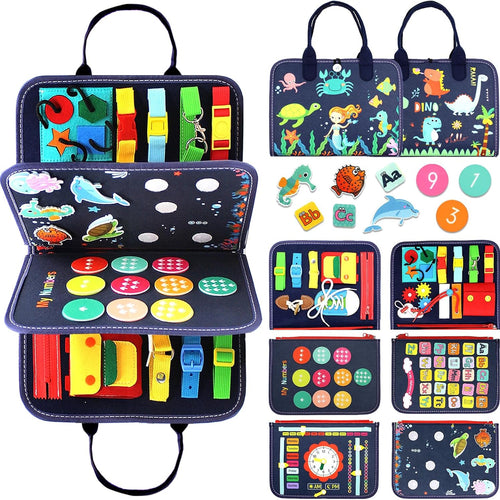 Montessori Busy Board & Busy Book for Toddlers – Sensory & Learning Toy that Keeps Kids Busy, Travel Toy for Airplane & Car, Screen for Boys & Girls (Blue/P4)