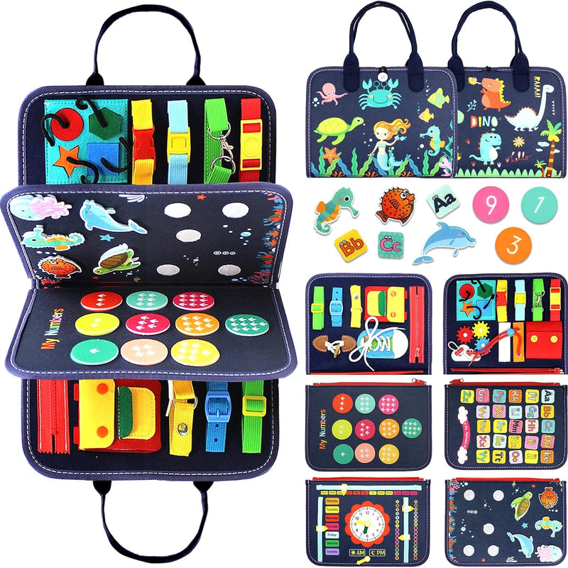 Montessori Busy Board & Busy Book for Toddlers – Sensory & Learning Toy that Keeps Kids Busy, Travel Toy for Airplane & Car, Screen for Boys & Girls (Blue/P4)
