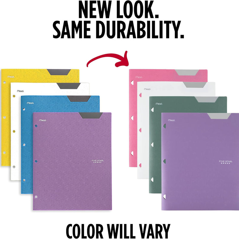 Five Star 2-Pocket Plastic Folder with Stay-Put Tabs, Fits 3-Ring Binder, Holds 8.5" x 11" Paper, Assorted Colors, 4 Pack (333420B)