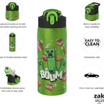 Zak Designs Minecraft Water Bottle for Travel and At Home, 19 oz Vacuum Insulated Stainless Steel with Locking Spout Cover, Built-In Carrying Loop, Leak-Proof Design (Creeper)