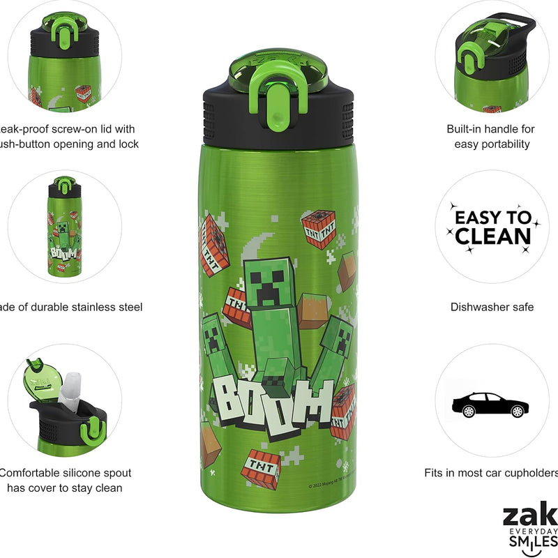 Zak Designs Minecraft Water Bottle for Travel and At Home, 19 oz Vacuum Insulated Stainless Steel with Locking Spout Cover, Built-In Carrying Loop, Leak-Proof Design (Creeper)