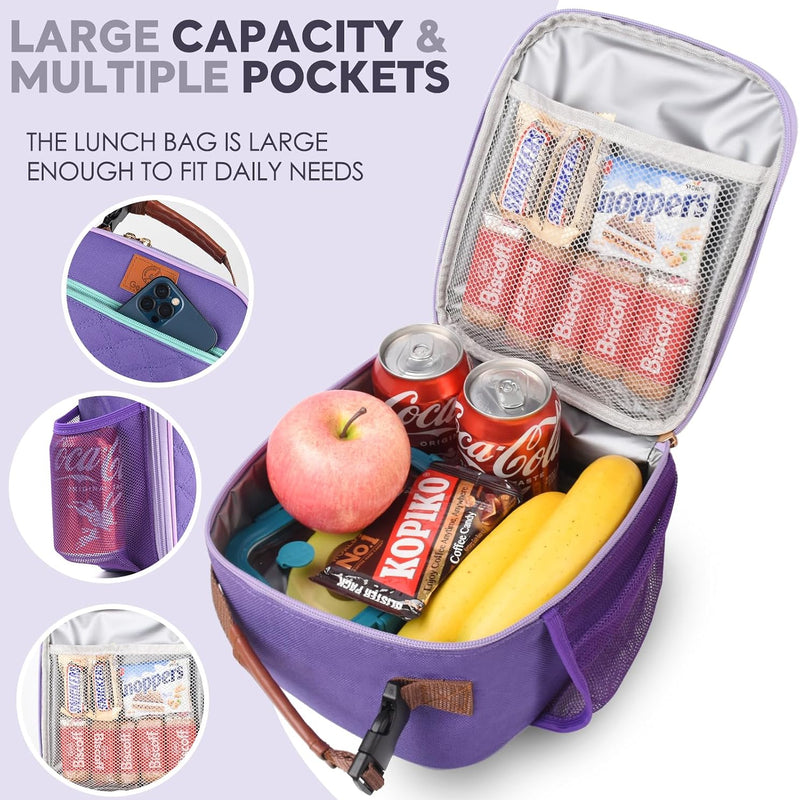Genteen Kids Lunch Box Insulated Soft Mini Cooler with Bottle Holder, Lightweight Reusable Easy-Clean Lunch bag for Girls, Boys Back to School-Purple