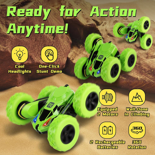 Threeking 4WD stunt RC car with soft lights, green, for kids ages 6-12, unique gift