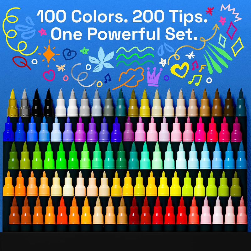 ARTISTRO Acrylic Glass Markers for Wine Glasses and Drinkware (100 Pack), Vibrant Dual Tip Paint Pens for Party Charms & Bar Tools (Brush + Fine Tips)