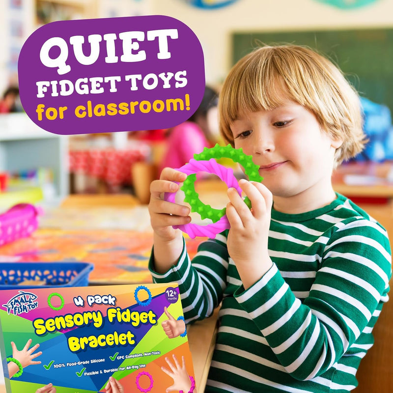 Sensory Fidget Toys Kids Toddlers - 4 Pack Chew Sensory Silicone Bracelets | Calming Autism Quiet Fidgets & Texture Stress Silent Toys for Classroom Prizes | Travel Gifts for Student Adults