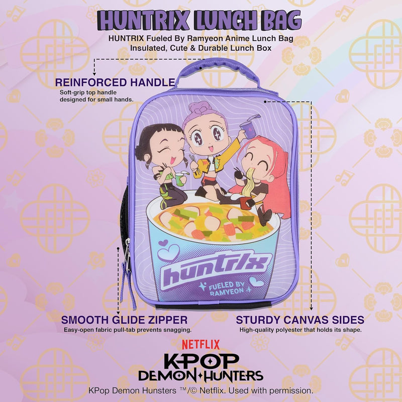 K-Pop Demon Hunters Huntrix Fueled by Ramyeon Lunch Box, Full Zip Around Insulated Lunch Tote Bag For Hot and Cold Food, Purple