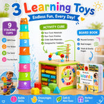 Wooden Activity Cube for Baby, Montessori Toys for 1 Year Old, Baby Toys 1 Year Old, Toys for 1+ Year Old Girl - Wooden Activity Center with Bead Maze Toy, Baby Stacking Cups, Book, in Pink Gift Box