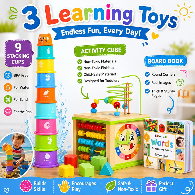 Wooden Activity Cube for Baby, Montessori Toys for 1 Year Old, Baby Toys 1 Year Old, Toys for 1+ Year Old Girl - Wooden Activity Center with Bead Maze Toy, Baby Stacking Cups, Book, in Pink Gift Box