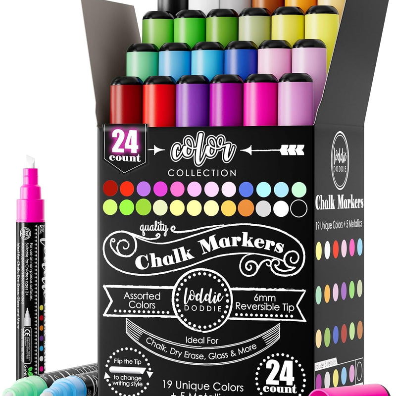 Loddie Doddie Chalk Markers - Pack of 24, 6mm Reversible Tips - Liquid Chalk Pens for Glass Surfaces & Windows - Erasable Pens for Chalkboard Calendar - Non-Toxic Chalkboard Markers