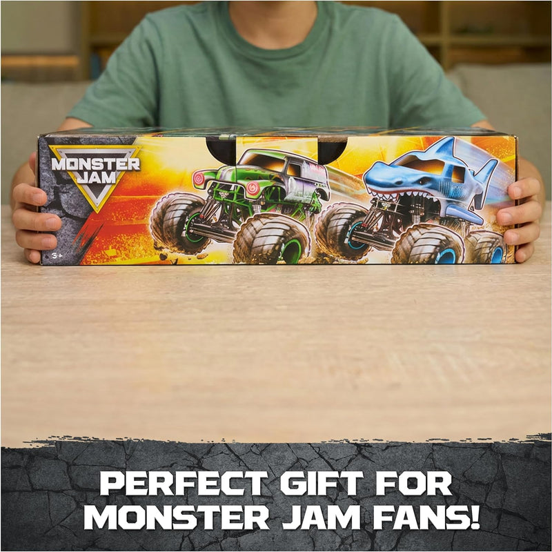 Official 1:64 scale Monster Jam, All Stars 4-pack with Grave Digger, Megalodon, Dalmatian and El Toro Loco for kids aged 3 and up