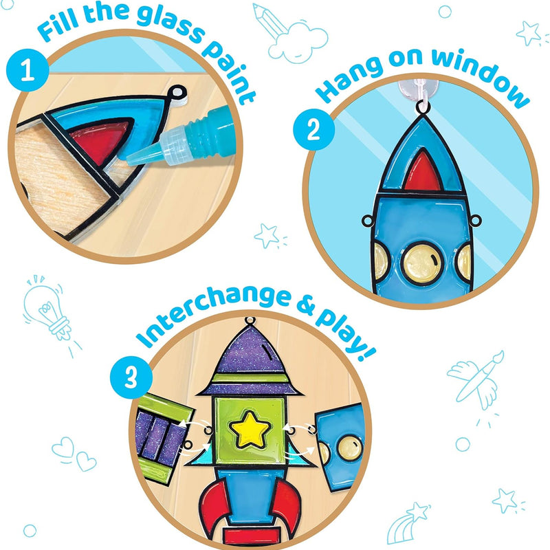 Imagimake Window Art - Rocket, DIY Mess-Free 16 Pieces Suncatcher Kit | Stained Glass Painting Craft Activity for Kids, Birthday Gift for Boys & Girls Ages 5,6,7,8,9,10,12 Years Old