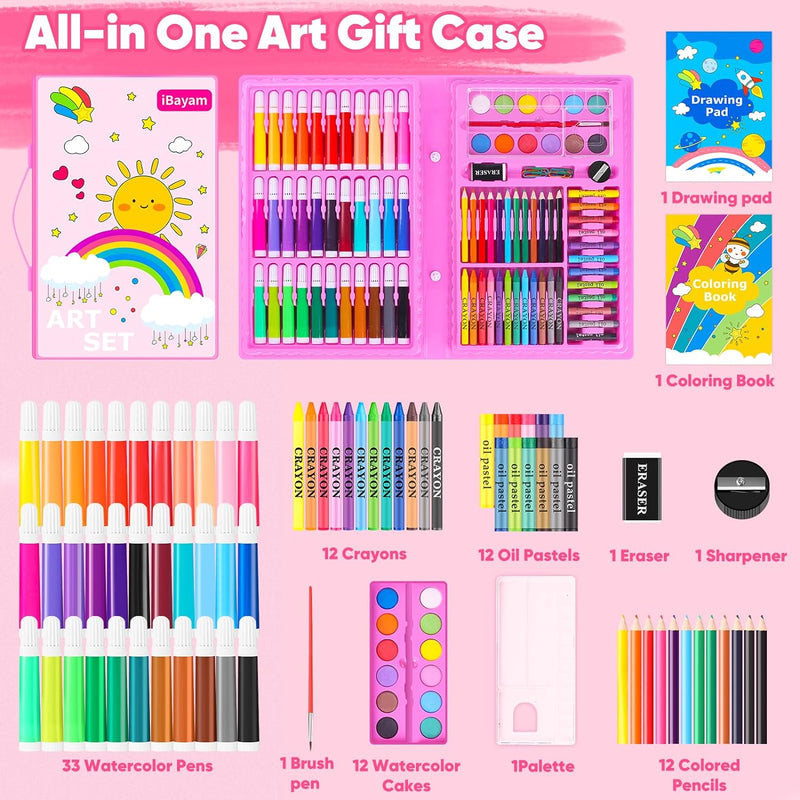 iBayam Art Supplies, 149-Pack Drawing Kit Painting Art Set Kits, Pink Box | Arts and Crafts for Kids Girls Boys Gifts, with Coloring Book, Crayons, Pastels, Pencils, Watercolor Pens & Cakes