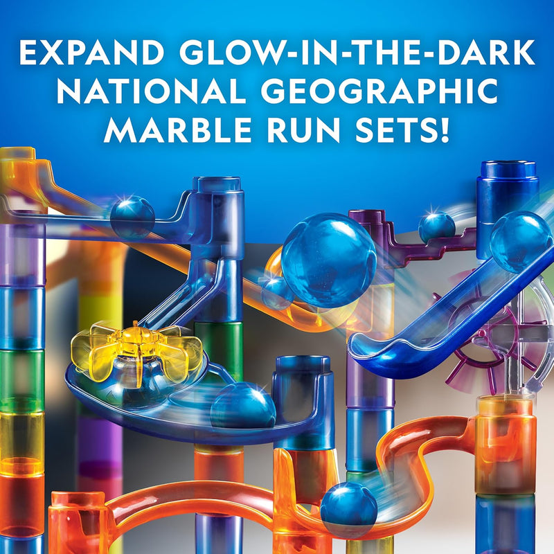 National Geographic 150-piece marble maze kit with motorized spiral lift, 30 marbles, and storage bag for kids physics toys