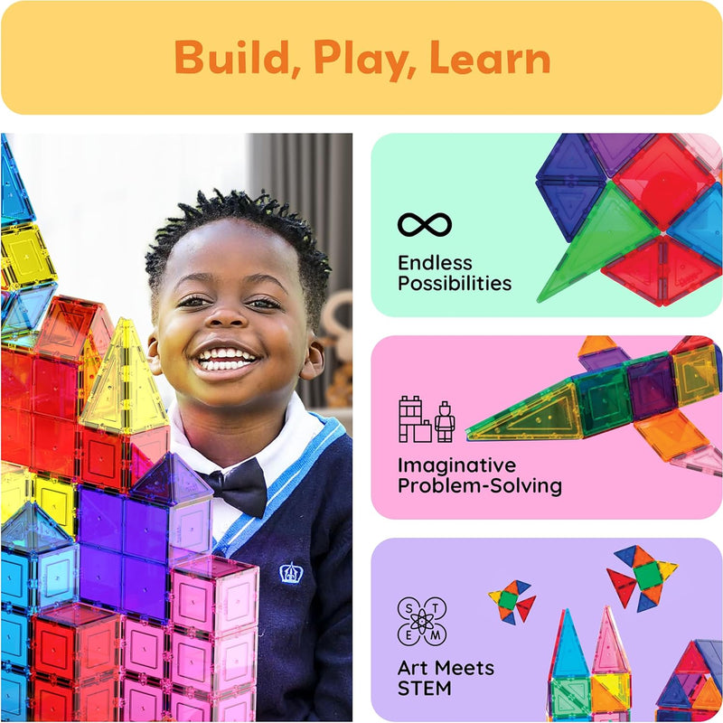 PicassoTiles 100 Piece Set Clear Magnetic 3D Blocks for Kids Creativity Building Playboards Educational