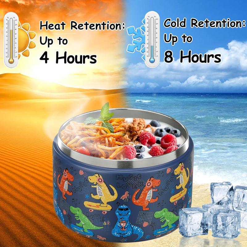 Pawtong 12oz Insulated Vacuum Food Jar with Buckle Lid Wide Mouth Soup Thermo for Hot Food Kids Leakproof Stainless Steel Lunch Container (Blue-Dinosaur)