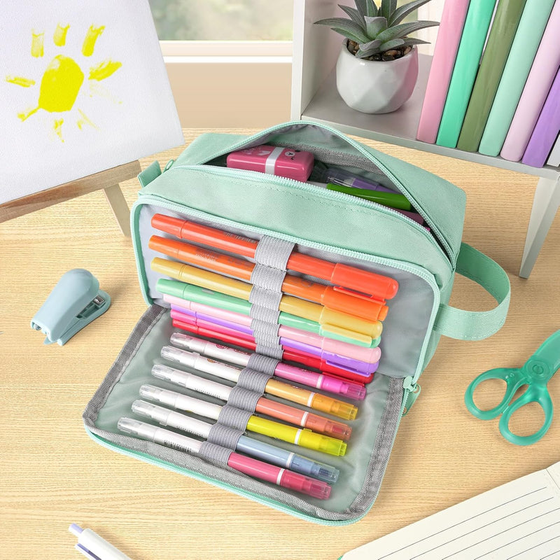 Sooez Original High Capacity Pencil Case, Big Pencil Bag Pouch Box Organizer Pen Case, Aesthetic Supply for Girls Adults, Portable Journaling Supplies with Easy Grip Handle & Loop, Mint Green