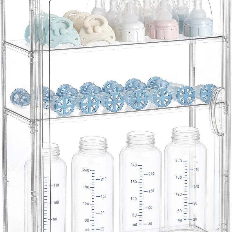 HBlife Baby Bottle Storage Organizer for Countertop Cabinet, 3 Tiers Adjustable Clear Acrylic Bottles Storage Station Case Box Container with 2 Removable Dividers and Magnetic Door, Large