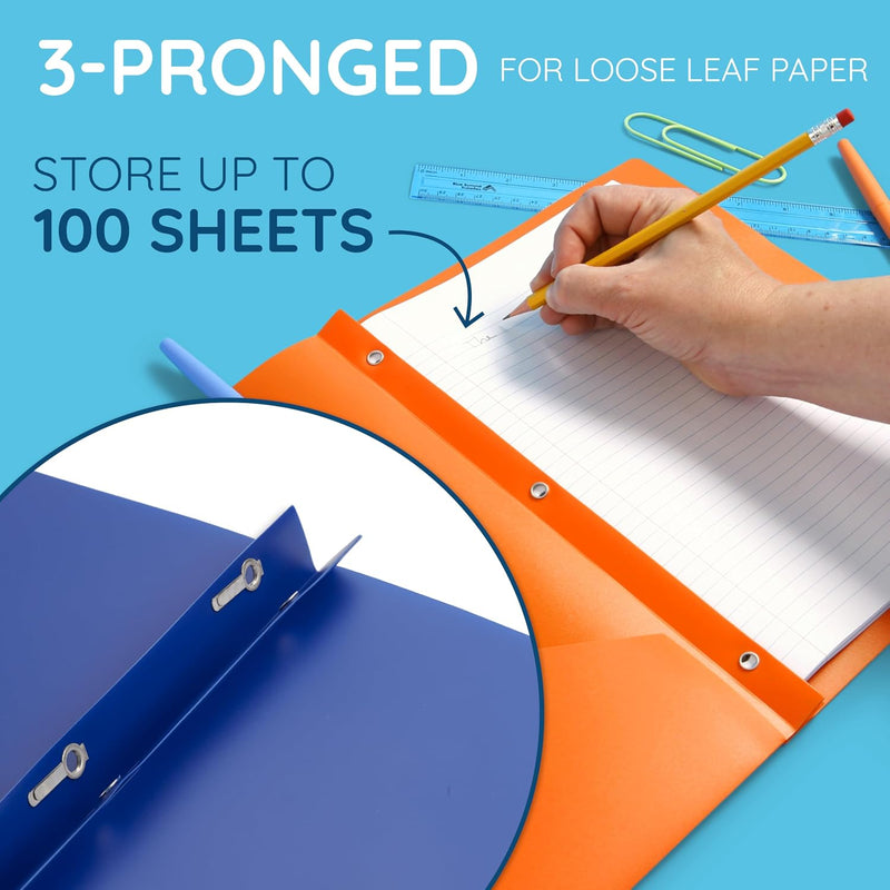 Blue Summit Supplies 6 Pack Multicolor Plastic Folders with Pockets and Prongs, 2 Pocket Plastic Folders with Prongs and Brads for School, Home, and Work