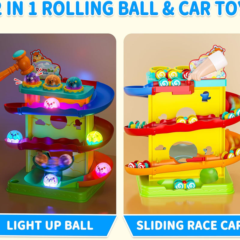 2-in-1 Light Up Rolling Ball & Racing Car Ramp Toddler Toy | Ball Drop Toy Race Track with Hammer, Interactive Montessori Learning Game & Kids 1-5+ Year Old Girl Boy Gift(Yellow)