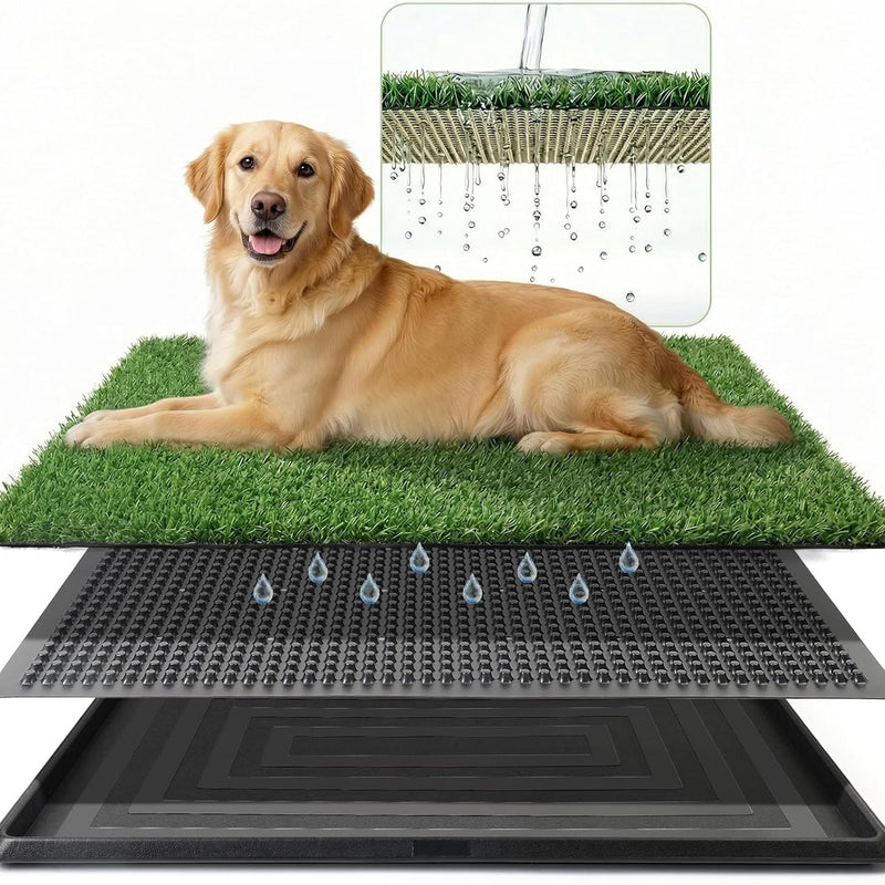 Powools Grass Pad for Dogs Potty - 3-Layer Reusable Dog Grass Pad with Tray, Washable Artificial Grasses Dog Potty Tray with Drainage Holes, Indoor & Outdoor Grass Pee Pad for Dogs, 30" x 20"
