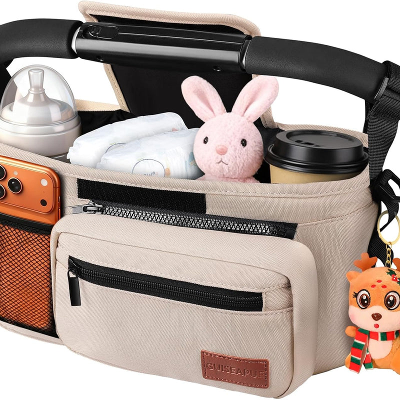 Stroller Organizer with Cup Holder, Non-Slip Stroller Caddy Baby Essentials | Universal Stroller Bag Accessories with Detachable Phone Bag, Fits for Uppababy, Baby Jogger, Christmas New Moms Baby Gifts