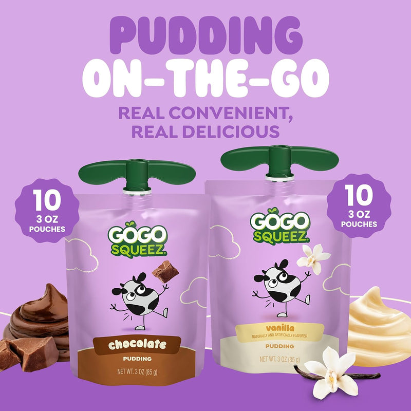 GoGo squeeZ On the Go PuddingZ Variety Pack, 3 oz Pouches, 20 Count | Chocolate & vanilla on the go pudding made with real milk; shelf-stable, no spoon or mess; no preservatives, lunchbox ready