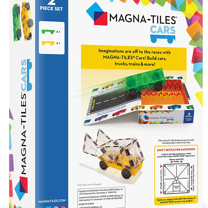 MAGNA-TILES Cars – Green & Yellow 2-Piece Magnetic Construction Set, The Original Magnetic Building Brand