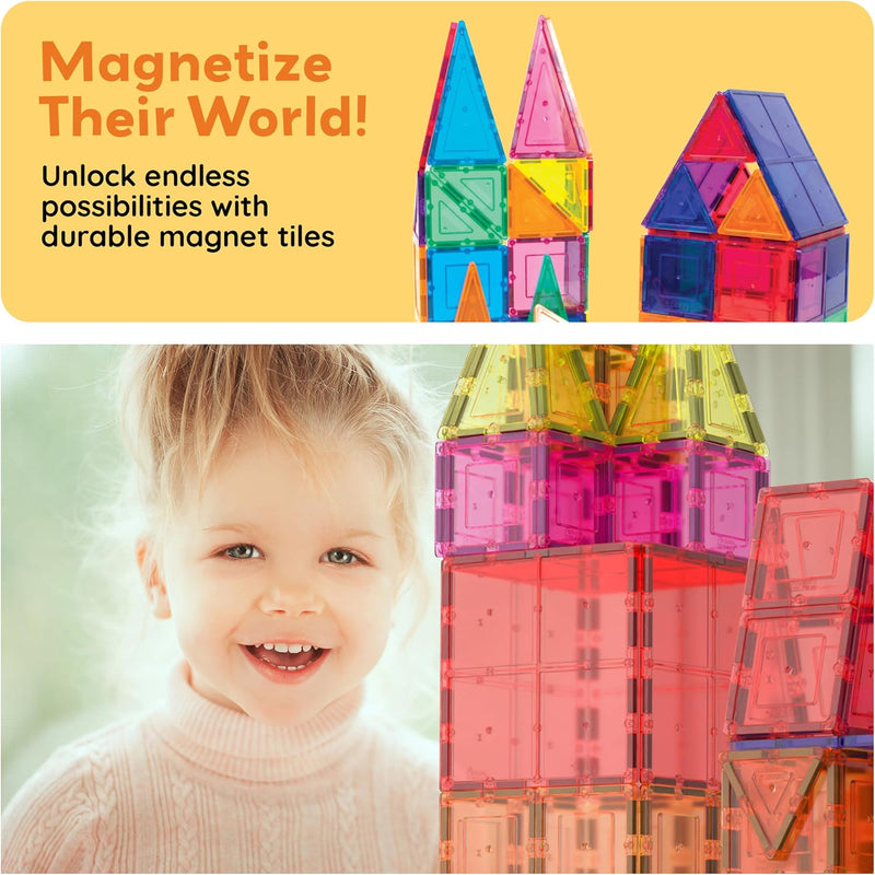 PicassoTiles 60 Piece Set Clear Magnetic 3D Blocks Construction Playboards for Toddlers and Kids