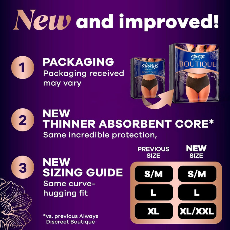 Always Discreet Boutique Incontinence and Postpartum Underwear for Women, Maximum Protection, Small/Medium, Black, 20 Count
