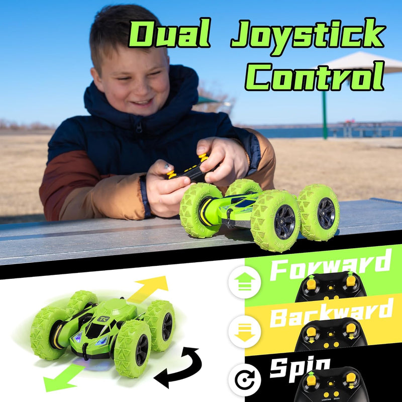 Threeking 4WD stunt RC car with soft lights, green, for kids ages 6-12, unique gift