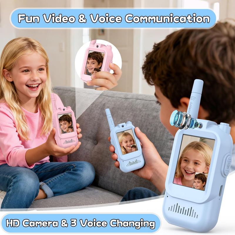 Rechargeable Long Range Walkie Talkies for Kids, 2 Pack, Age 3-5, Outdoor Use, Video and Voice Chat, Pink and Blue Design
