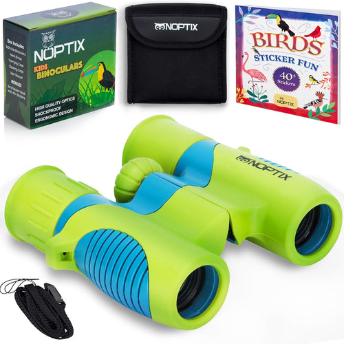 Vibrant green blue kids binoculars with sticker book and shockproof design for children aged 3+ years