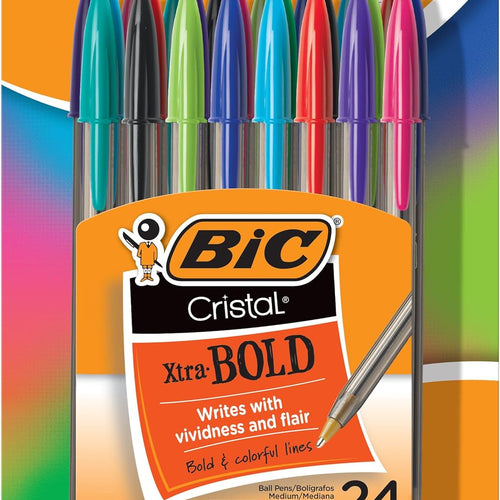 BIC Cristal Xtra Bold Ballpoint Pens, Bold Point (1.6 mm), School Supplies for Color-Coded Notes, 24-Count Pack in Assorted Colors
